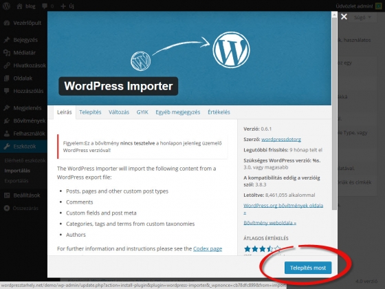 WordPress importer telepítése