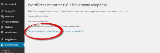 WordPress importer aktiválás