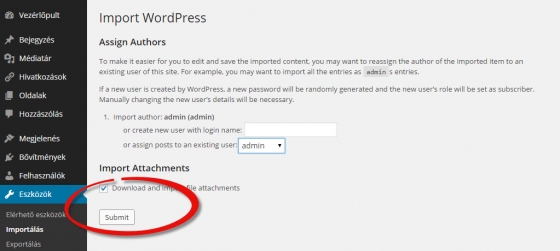 WordPress xml importálás